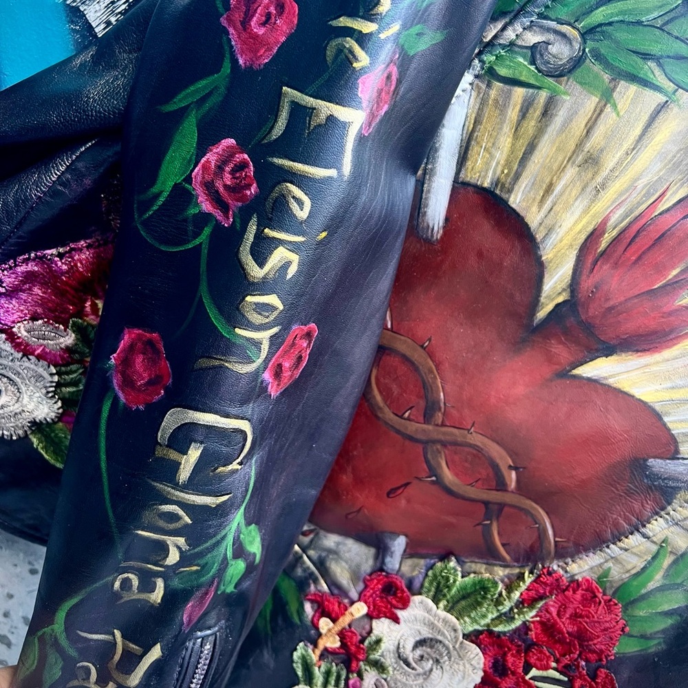 Iconic Sacred Heart Painted Leather Jacket L - Picture 7 of 16